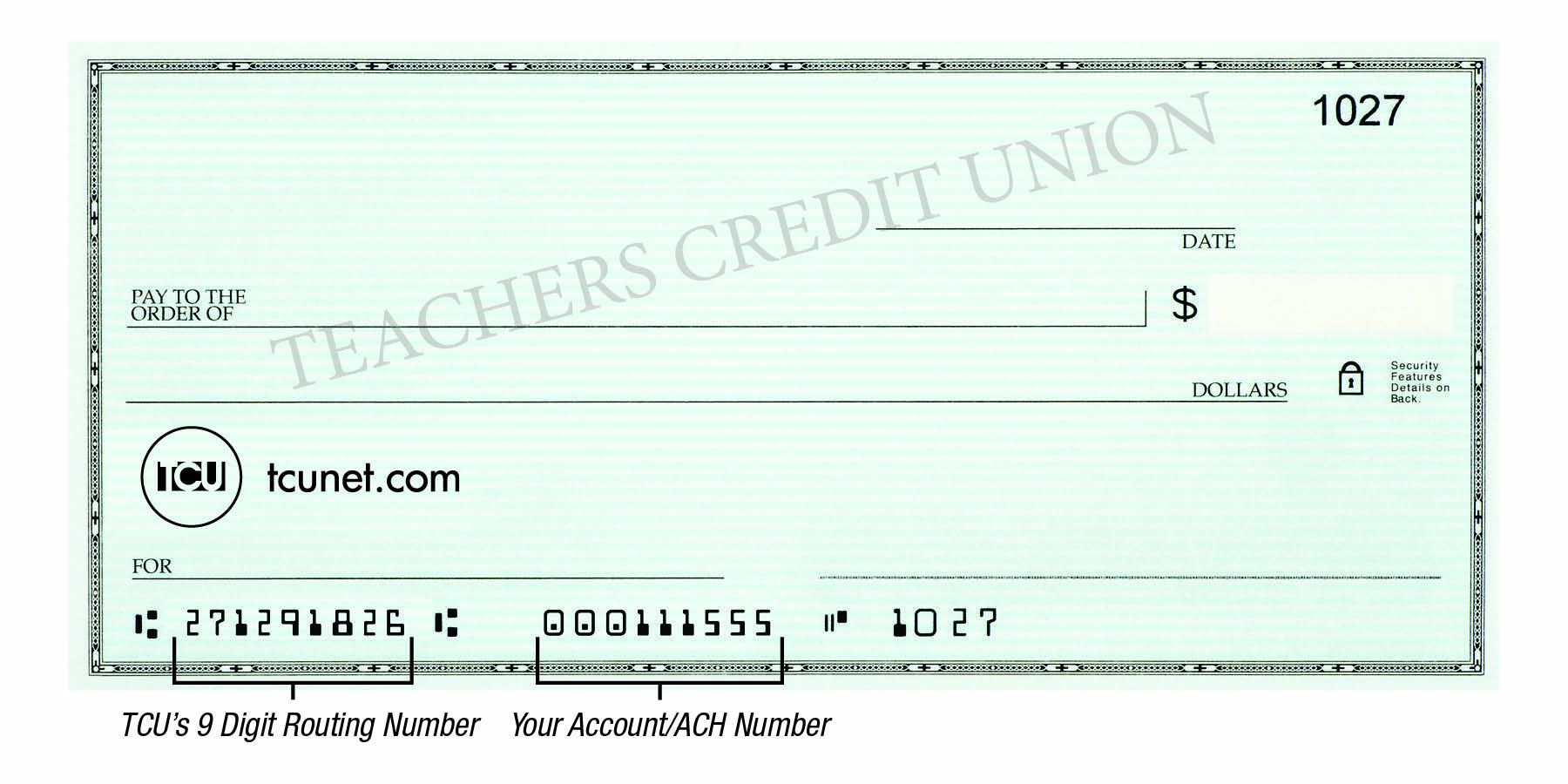 Lower left on check first nine digits are the routing number and the following digits are the account number followed by the check number